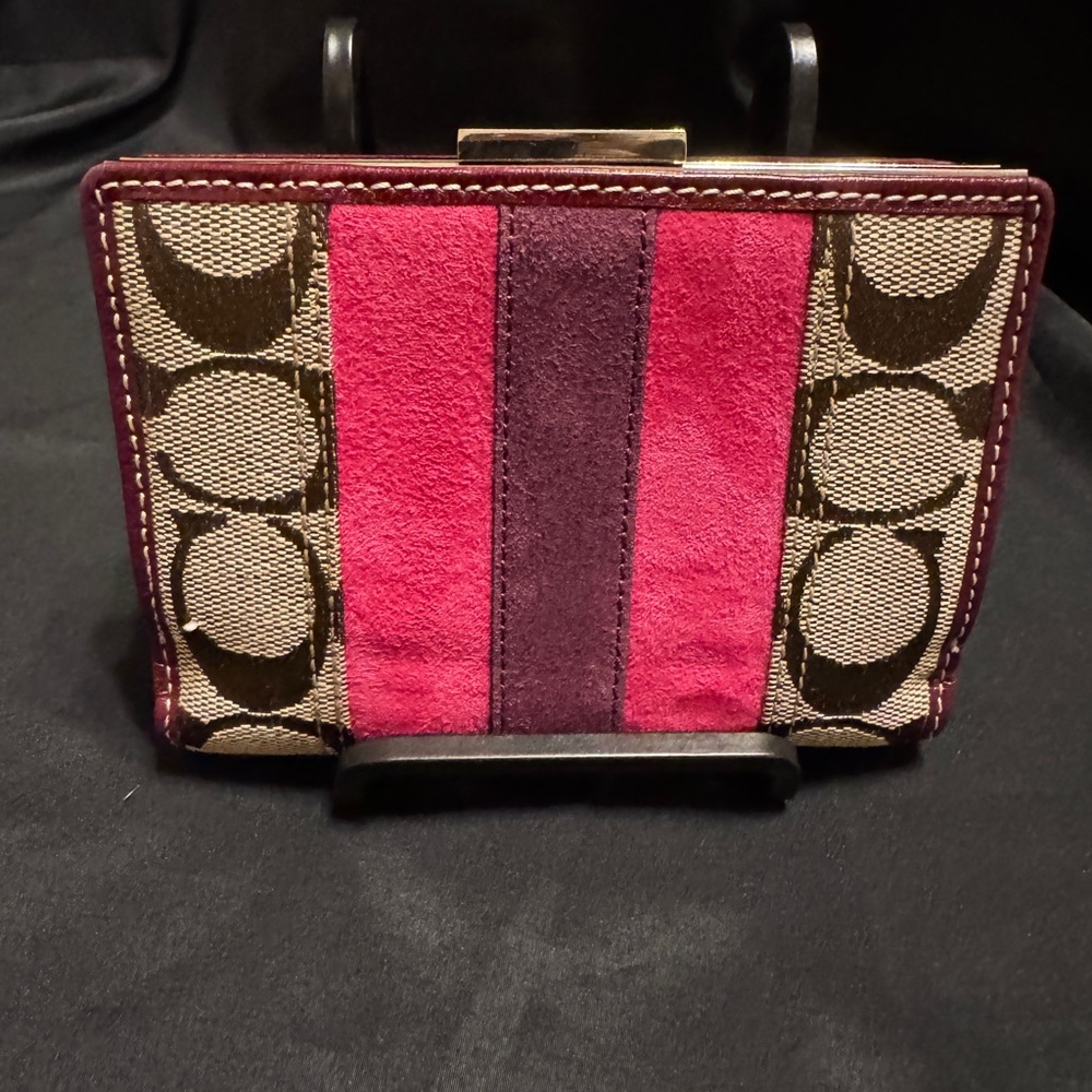Coach Signature Brown Canvas and Pink Purple Suede Leather Trim Women's Wallet